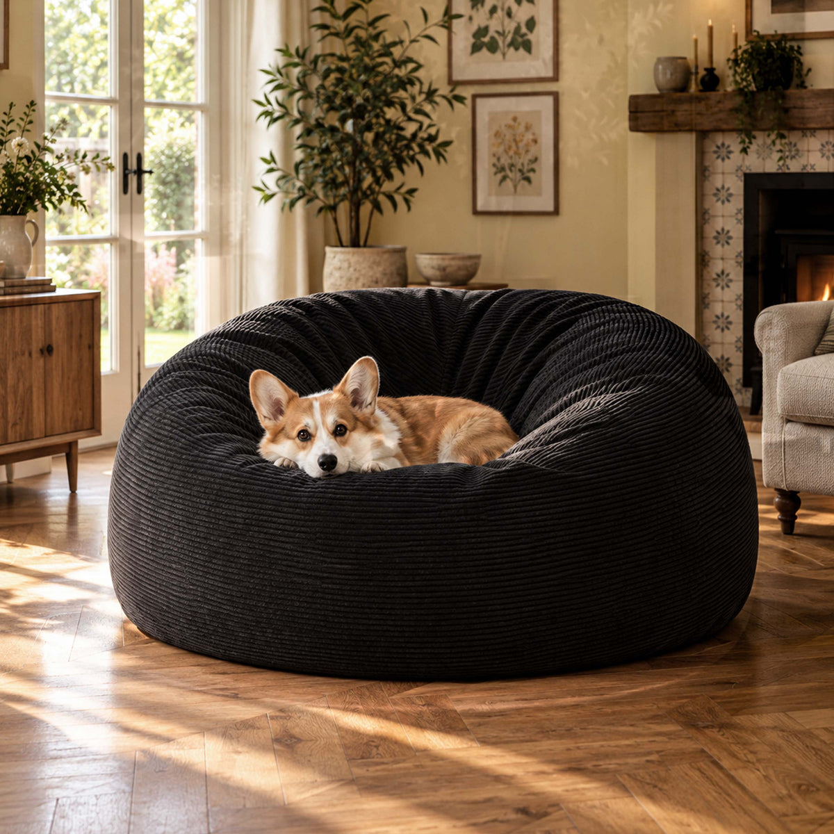 Pouf Géant Rond XXL Velours Côtelé Noir, pouf XXL déhoussable, confort canapé, style moderne en salon avec chien
