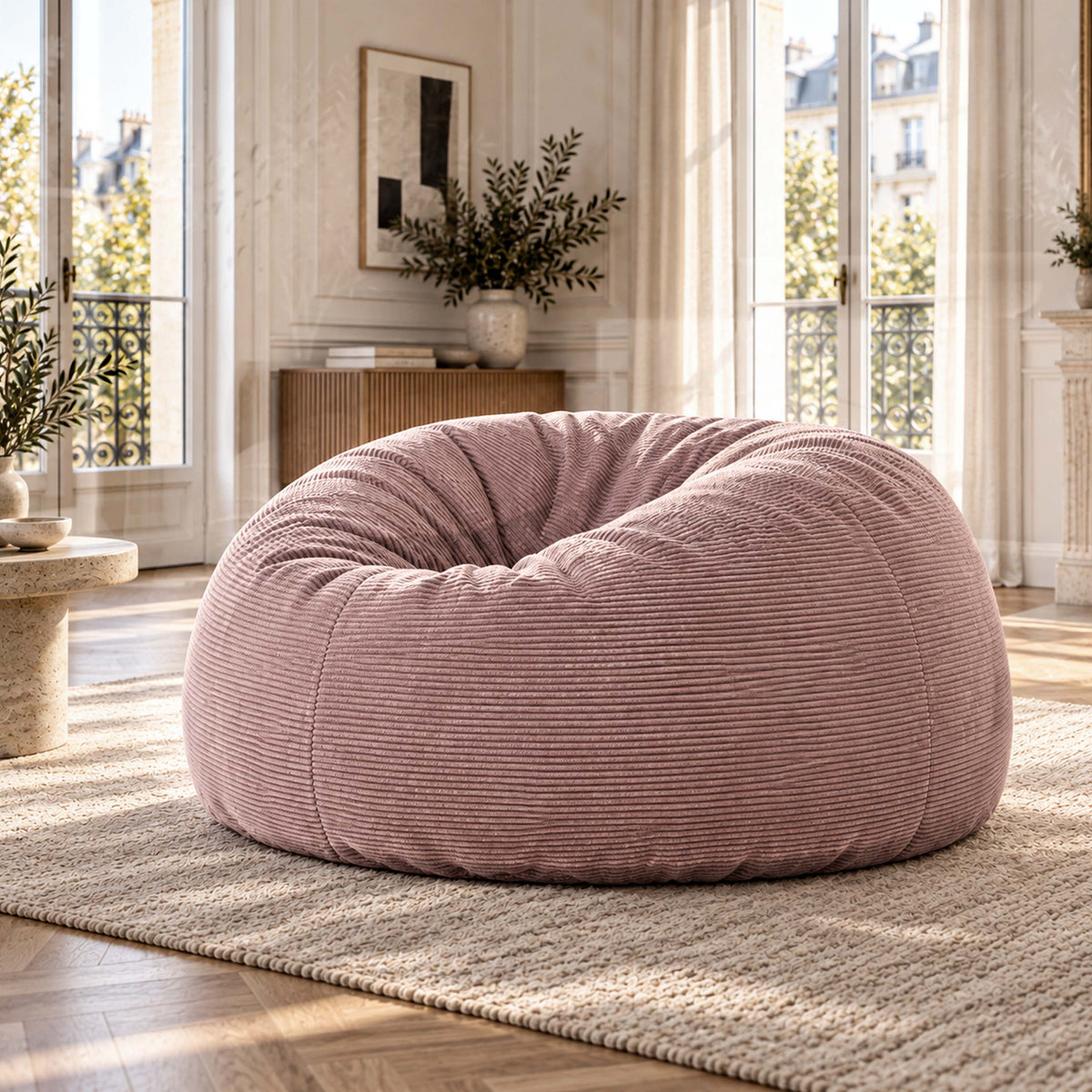 Pouf Géant Rond XXL Velours Côtelé Rose poudré TiTAN, pouf XXL déhoussable en velours côtelé rose poudré, salon lumineux