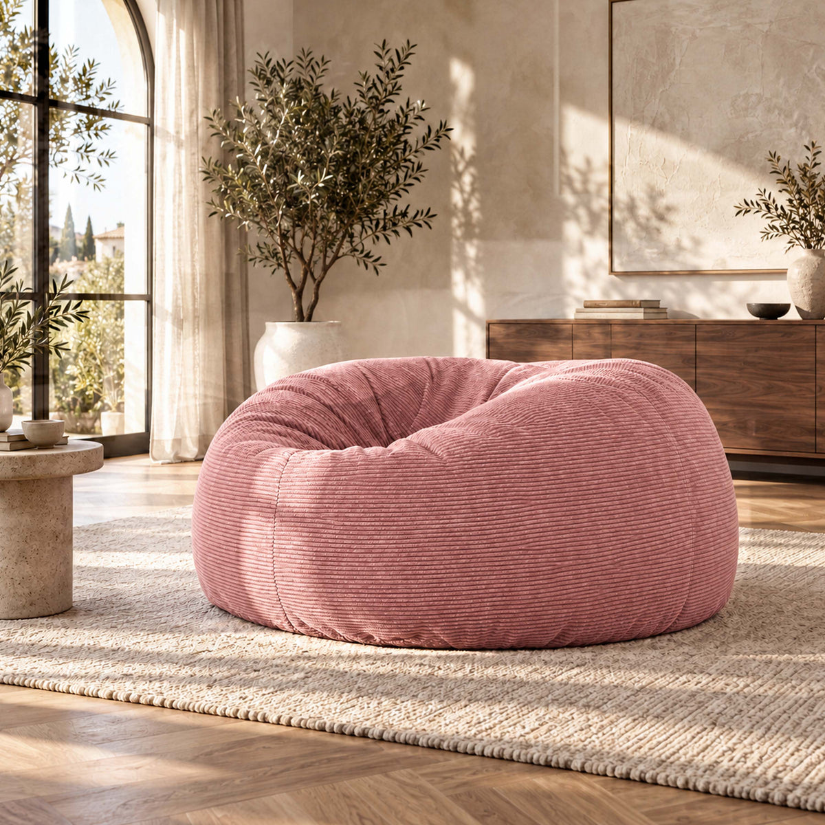 Pouf Géant Rond XXL Velours Côtelé Rose poudré chaud, pouf canapé XXL déhoussable, intérieur salon lumineux