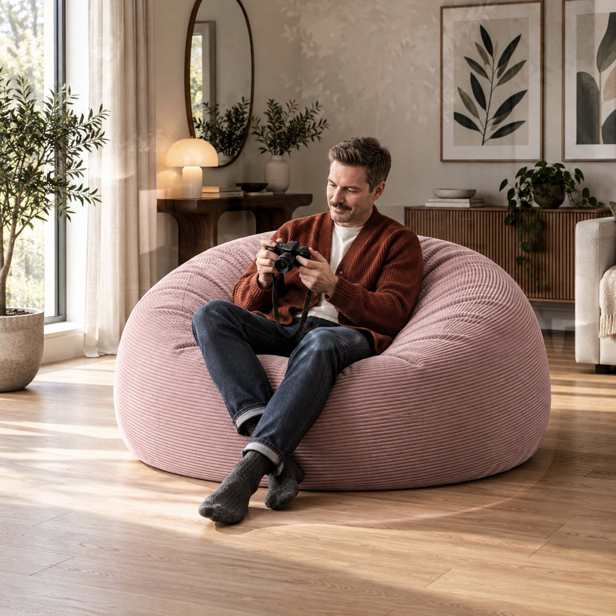 Pouf Géant Rond XXL Velours Côtelé Rose poudré, assise XXL moelleuse en velours côtelé rose poudré