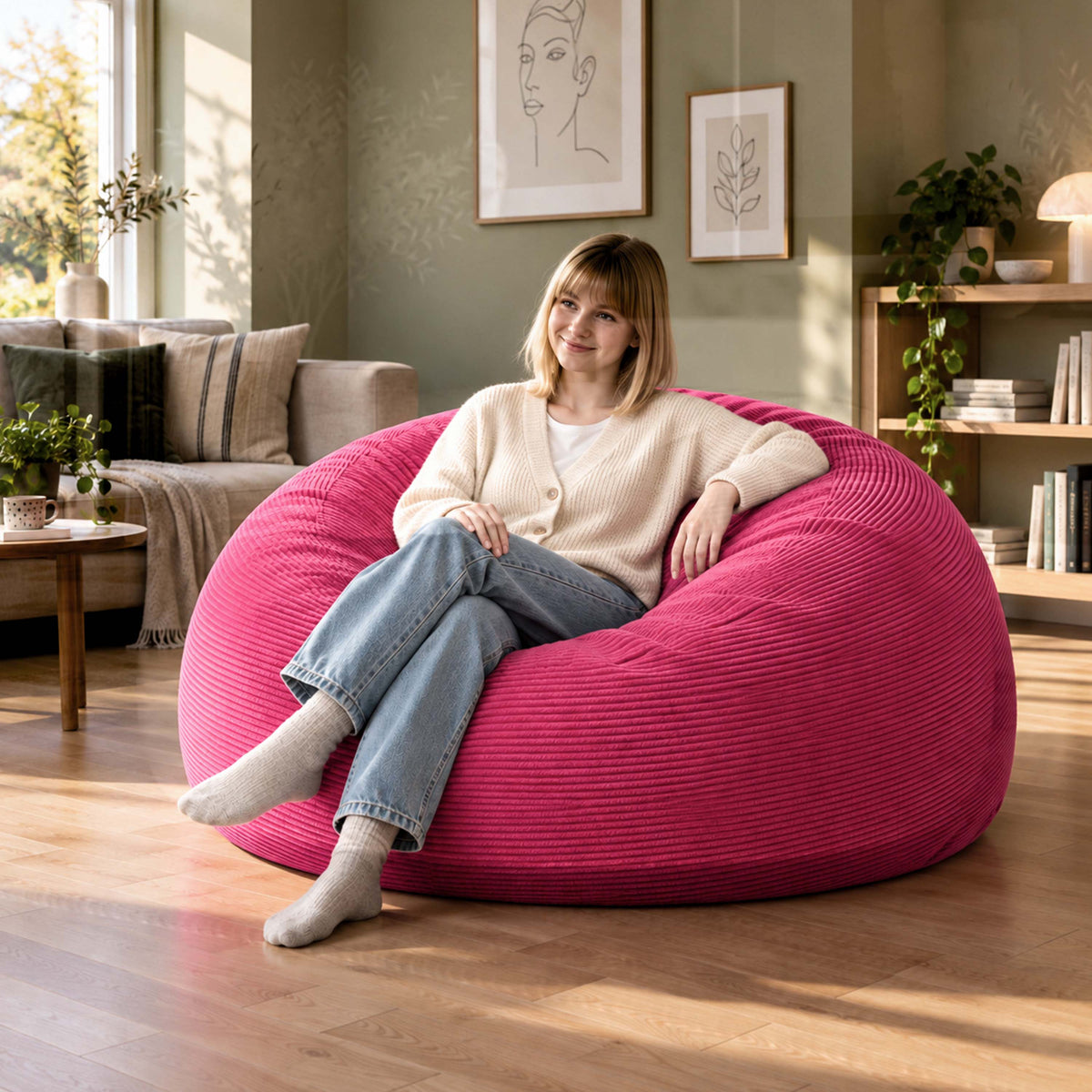 Pouf Géant Rond XXL Velours Côtelé Rose : assise confortable XXL en velours côtelé rose, dans un salon moderne
