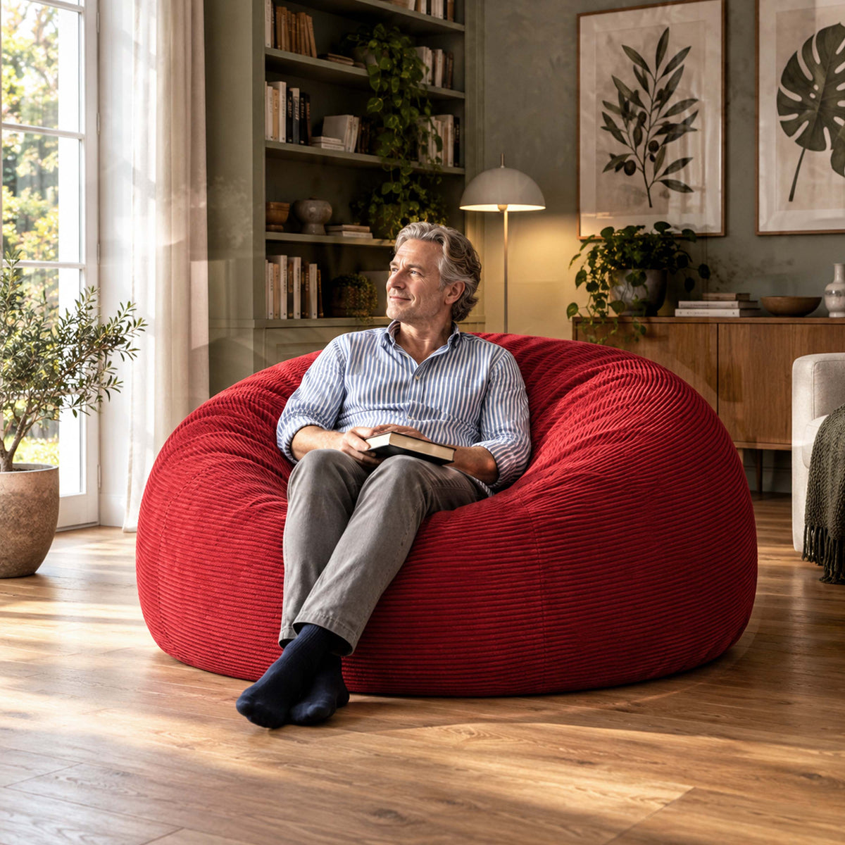 Pouf Géant Rond XXL Velours Côtelé Rouge, grand fauteuil poire en velours côtelé rouge pour salon, assis d’homme lisant.