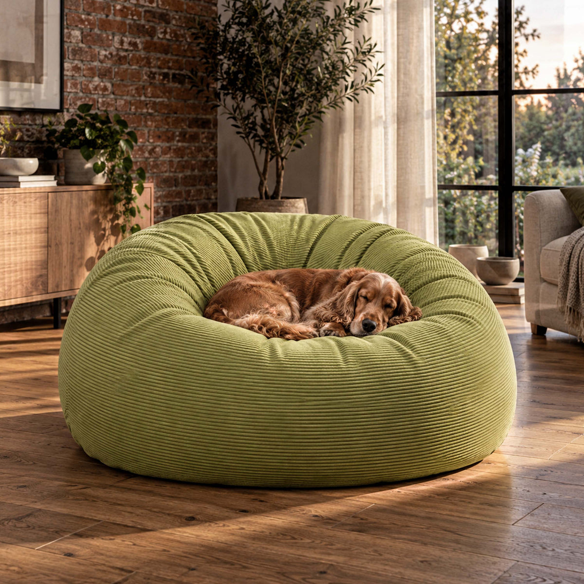 Pouf Géant Rond XXL Velours Côtelé Vert olive clair, grand pouf canapé XXL avec coussin moelleux pour chien