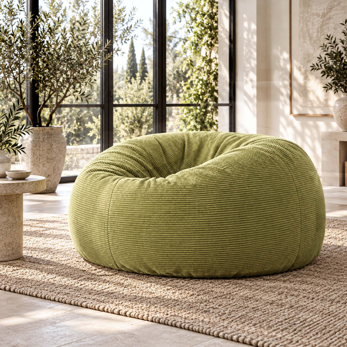 Pouf Géant Rond XXL Velours Côtelé Vert olive clair, pouf XXL rond en velours côtelé vert olive clair pour salon