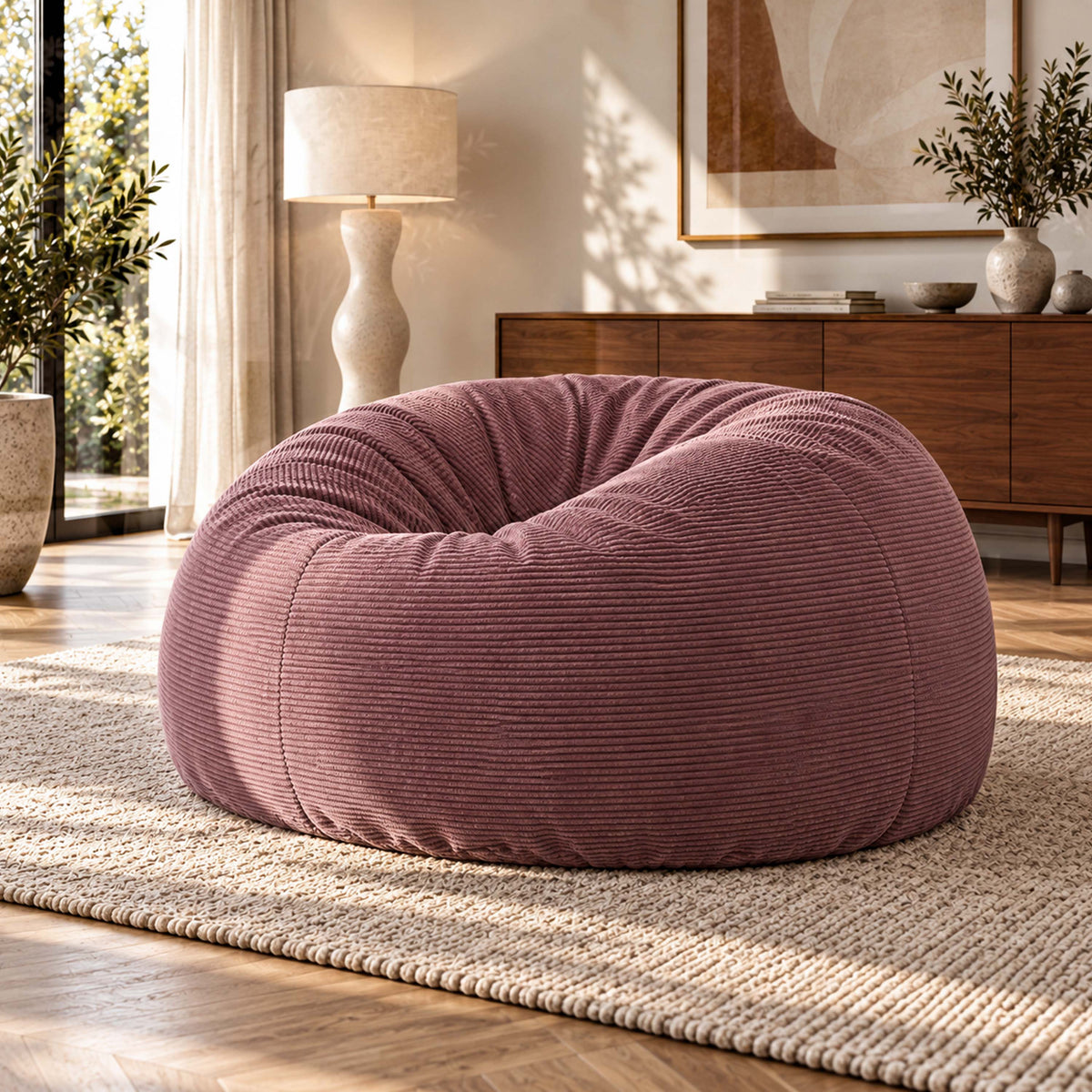 Pouf Géant Rond XXL Velours Côtelé Vieux rose, pouf canapé XXL en velours côtelé, style moderne dans un salon
