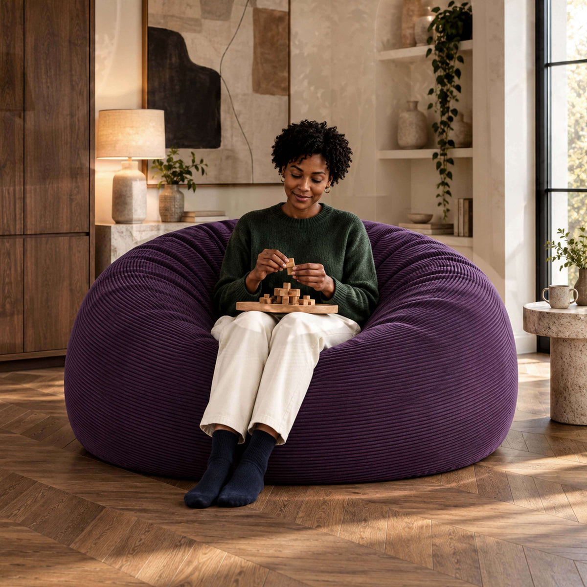 Pouf Géant Rond XXL Velours Côtelé Violet aubergine TiTAN, grand pouf canapé rond XXL en velours côtelé, confort détente