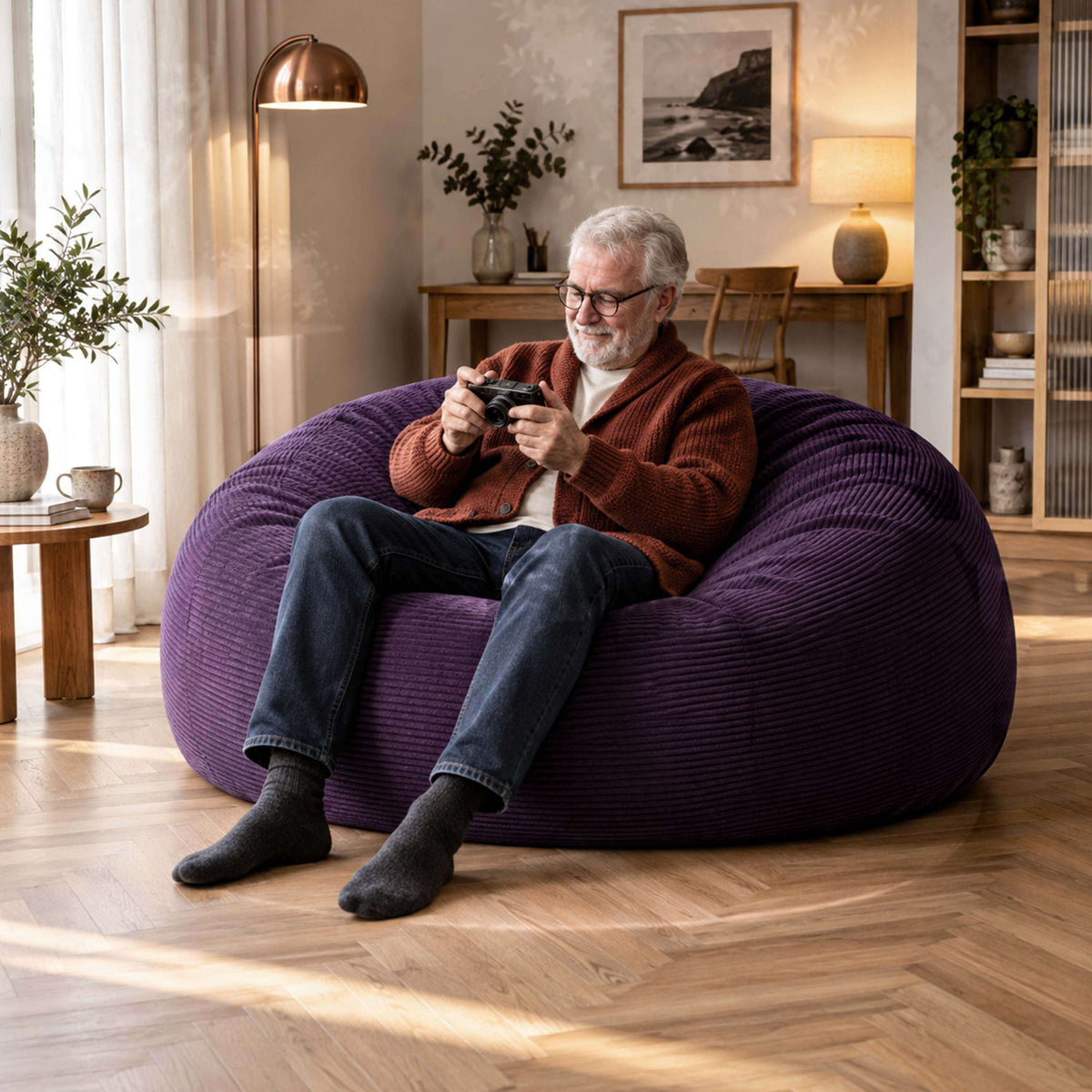 Pouf Géant Rond XXL Velours Côtelé Violet aubergine, confort XXL en velours côtelé, assise canapé pour détente à la maison