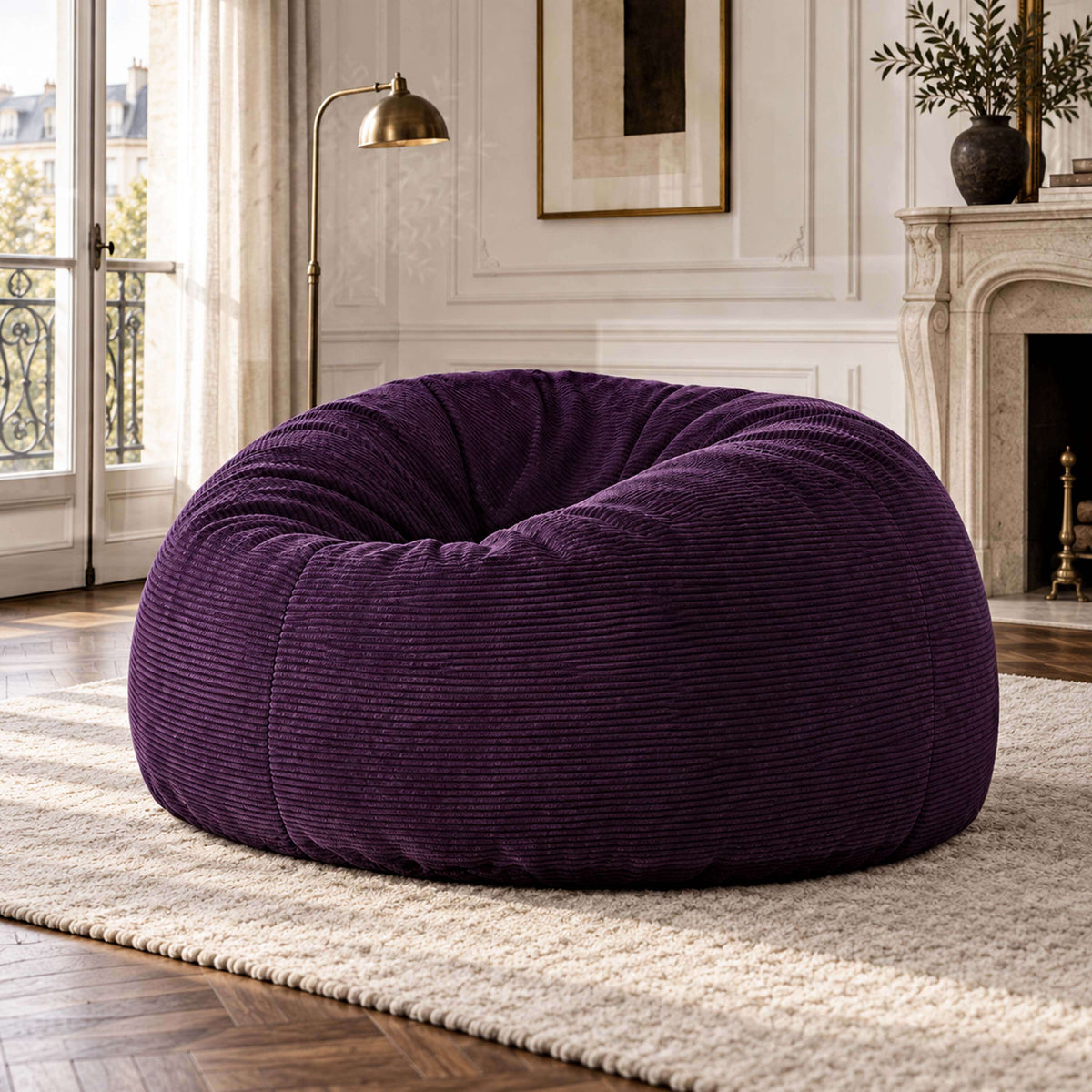 Pouf Géant Rond XXL Velours Côtelé Violet aubergine, pouf XXL rond en velours côtelé violet, style moderne salon