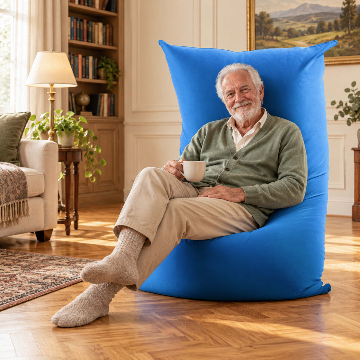 pouf géant stretch bleu déhoussable, pouf d’intérieur bleu XXL pour détente, assise confortable près du salon