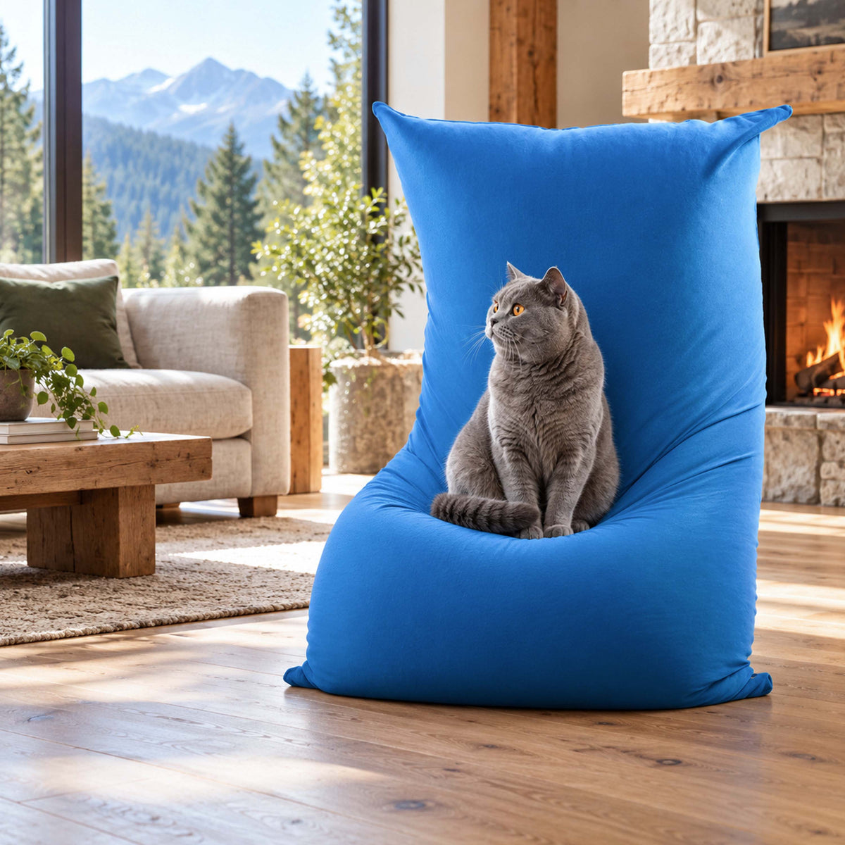 Pouf géant stretch bleu déhoussable, pouf intérieur BiG52 bleu en tissu doux avec chat assis