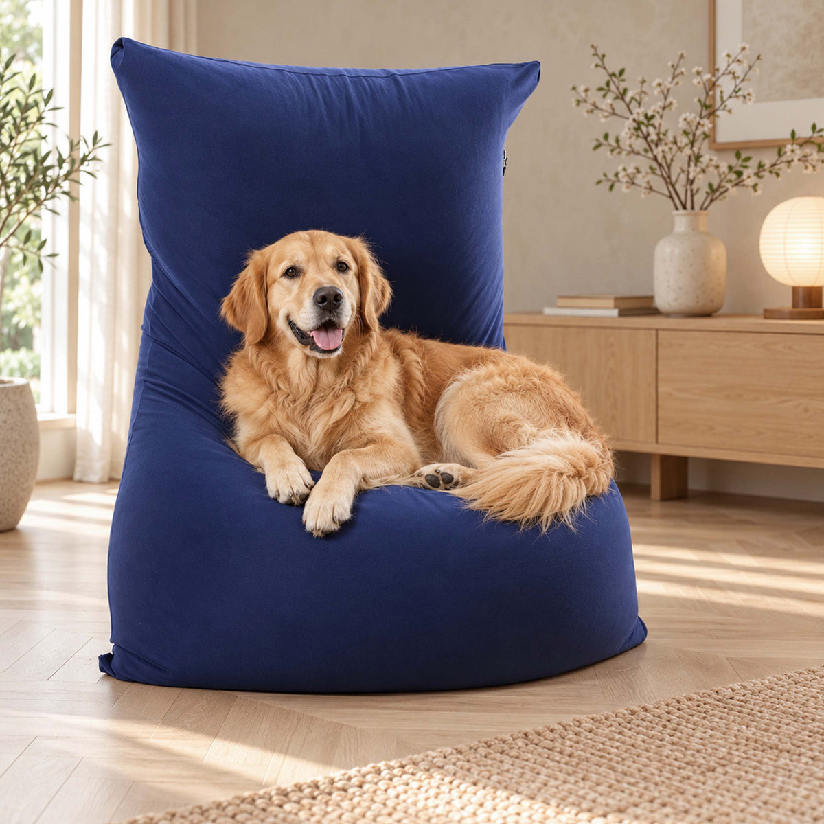 pouf géant intérieur stretch bleu marine déhoussable, pouf géant bleu marine en tissu extensible pour salon ou chambre avec chien