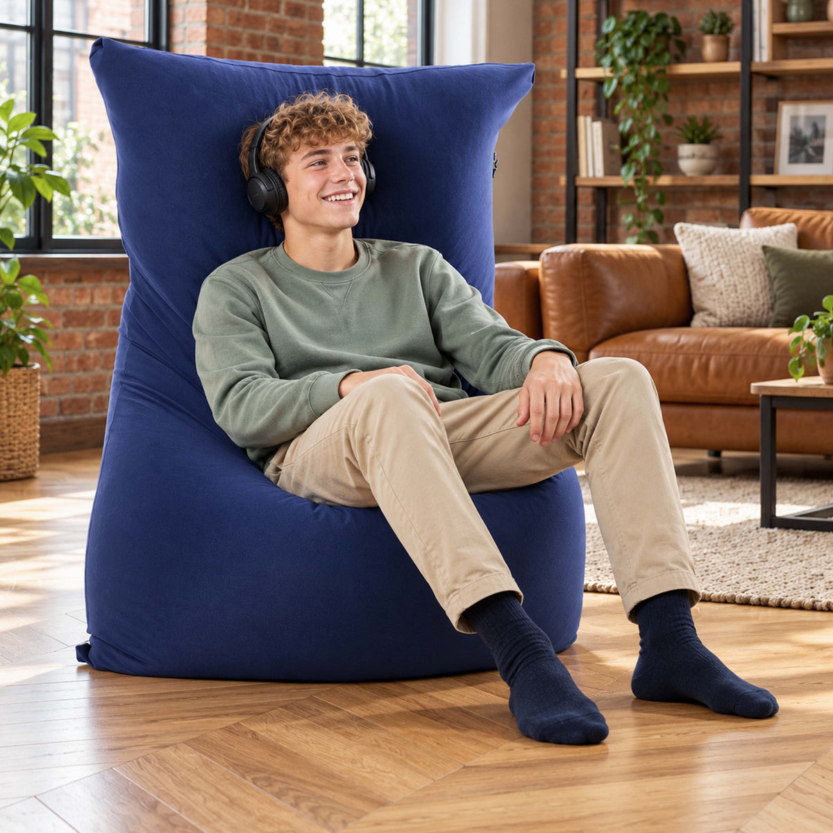 pouf géant intérieur stretch bleu marine déhoussable, grand pouf intérieur bleu marine pour salon, tissu extensible