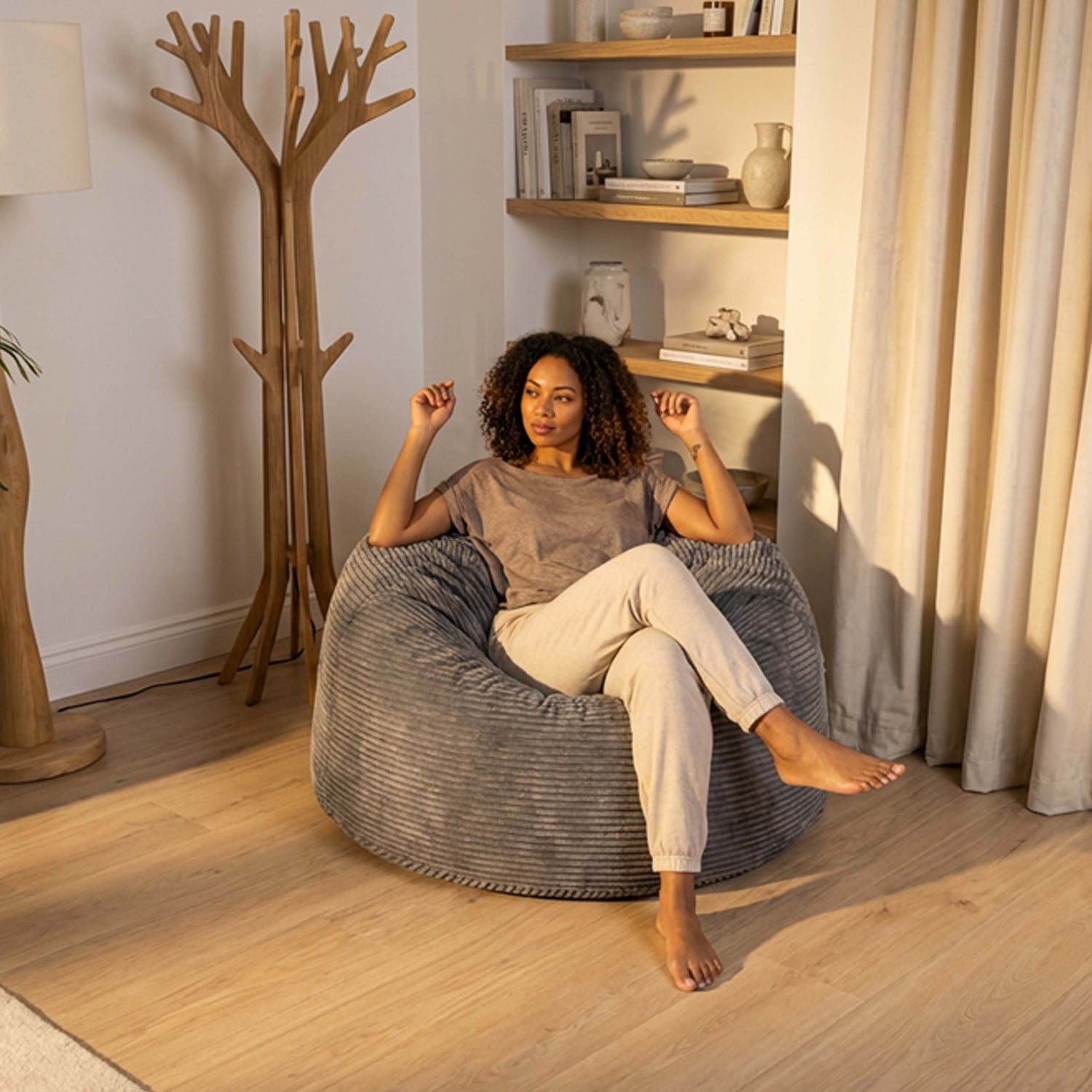 Giant Round XL Corduroy Velvet Pouf Gray