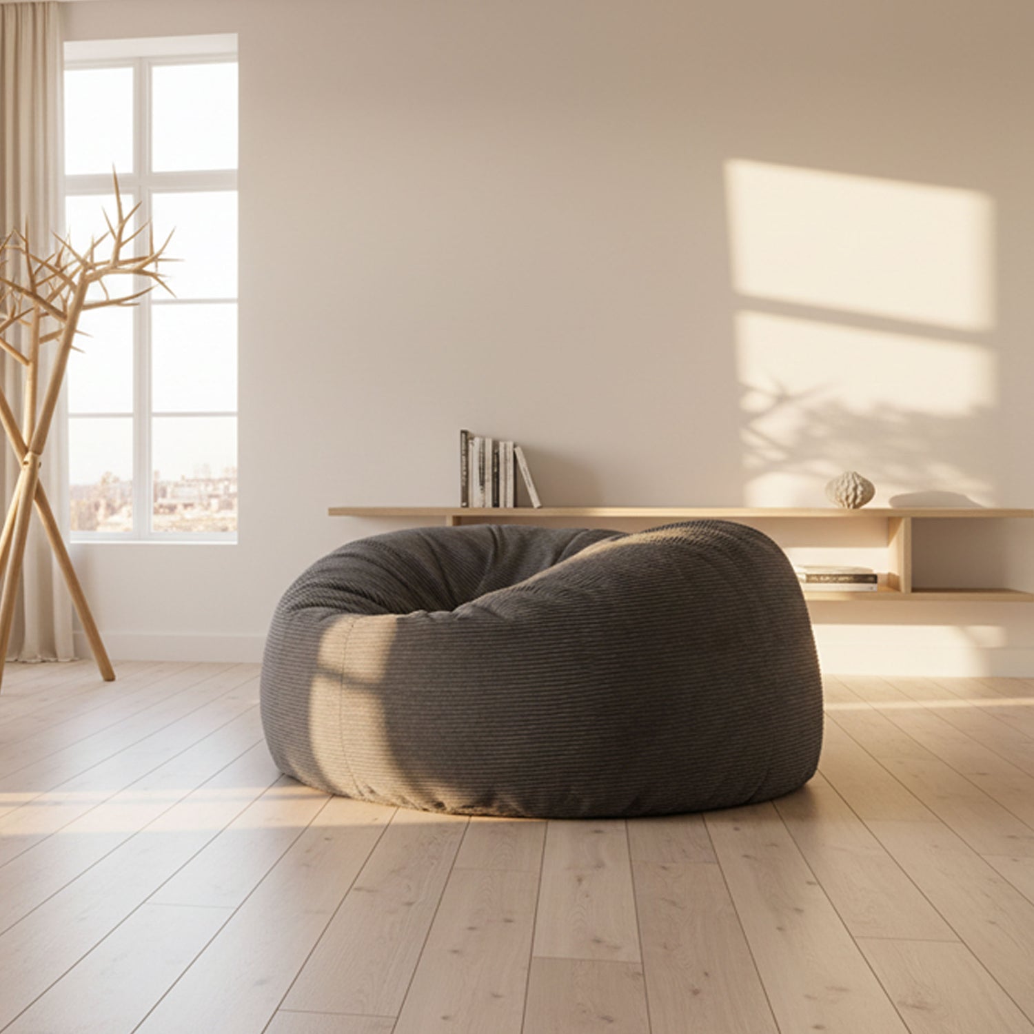 Pouf Géant Rond XXL Velours Côtelé Gris