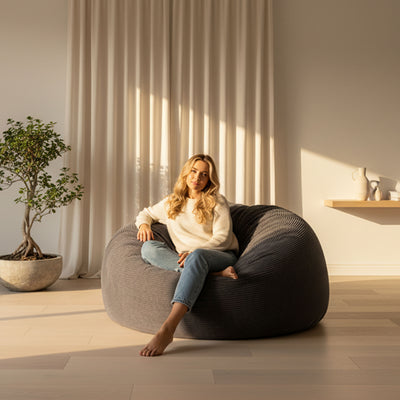 Pouf Géant Rond XXL Velours Côtelé Gris