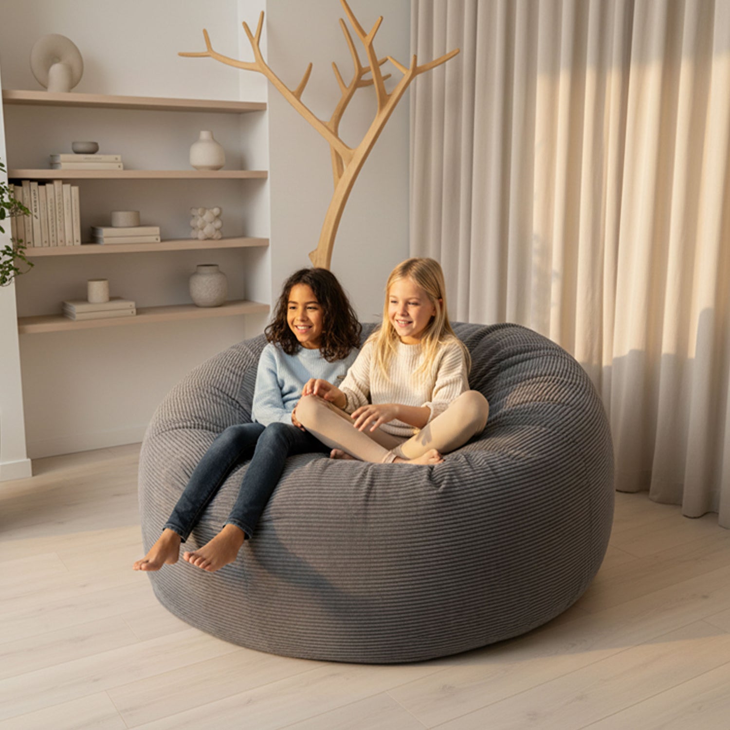 Pouf Géant Rond XXL Velours Côtelé Gris