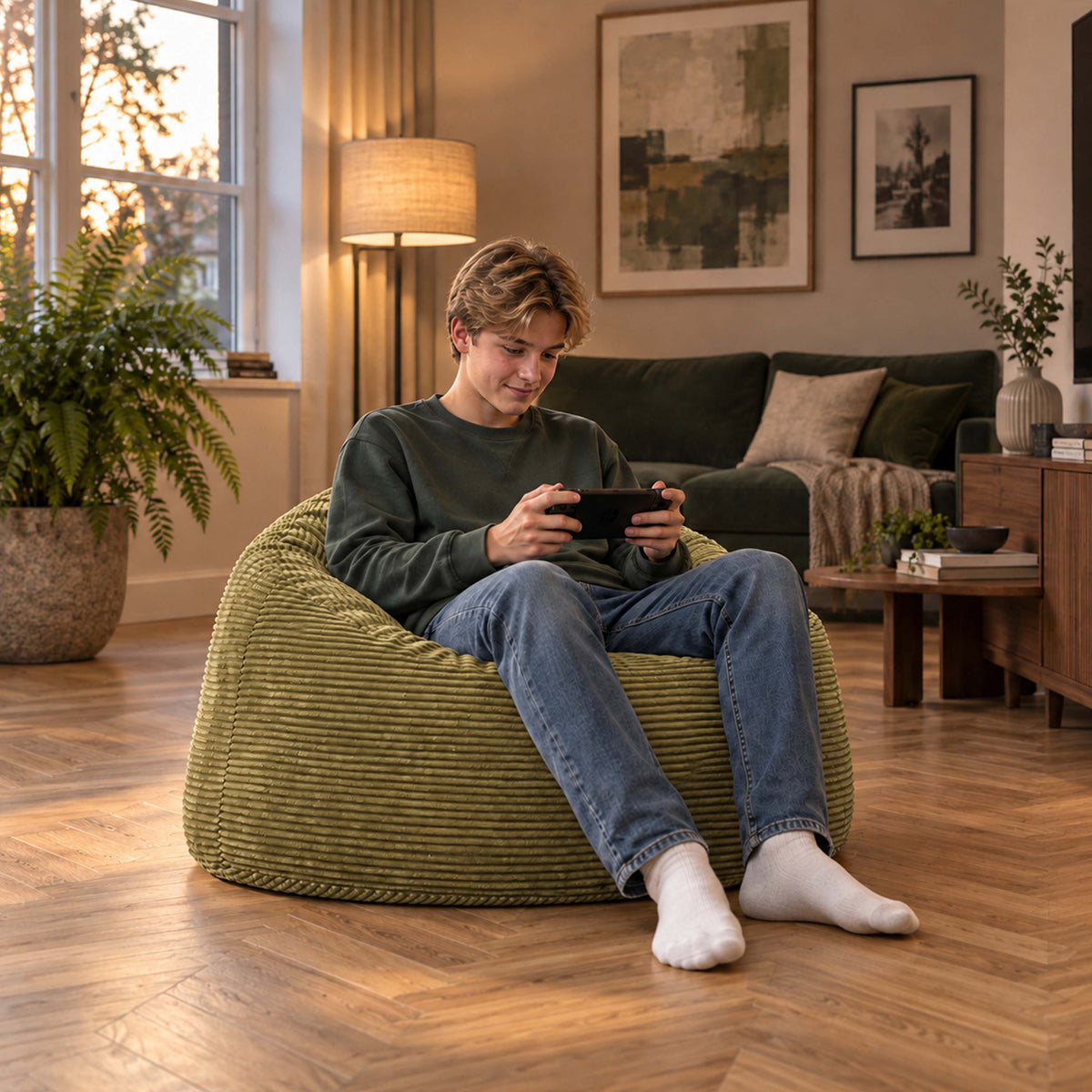 Pouf Géant Rond XL Velours Côtelé Vert olive clair, pouf fauteuil XL en velours côtelé, assise ronde pour salon