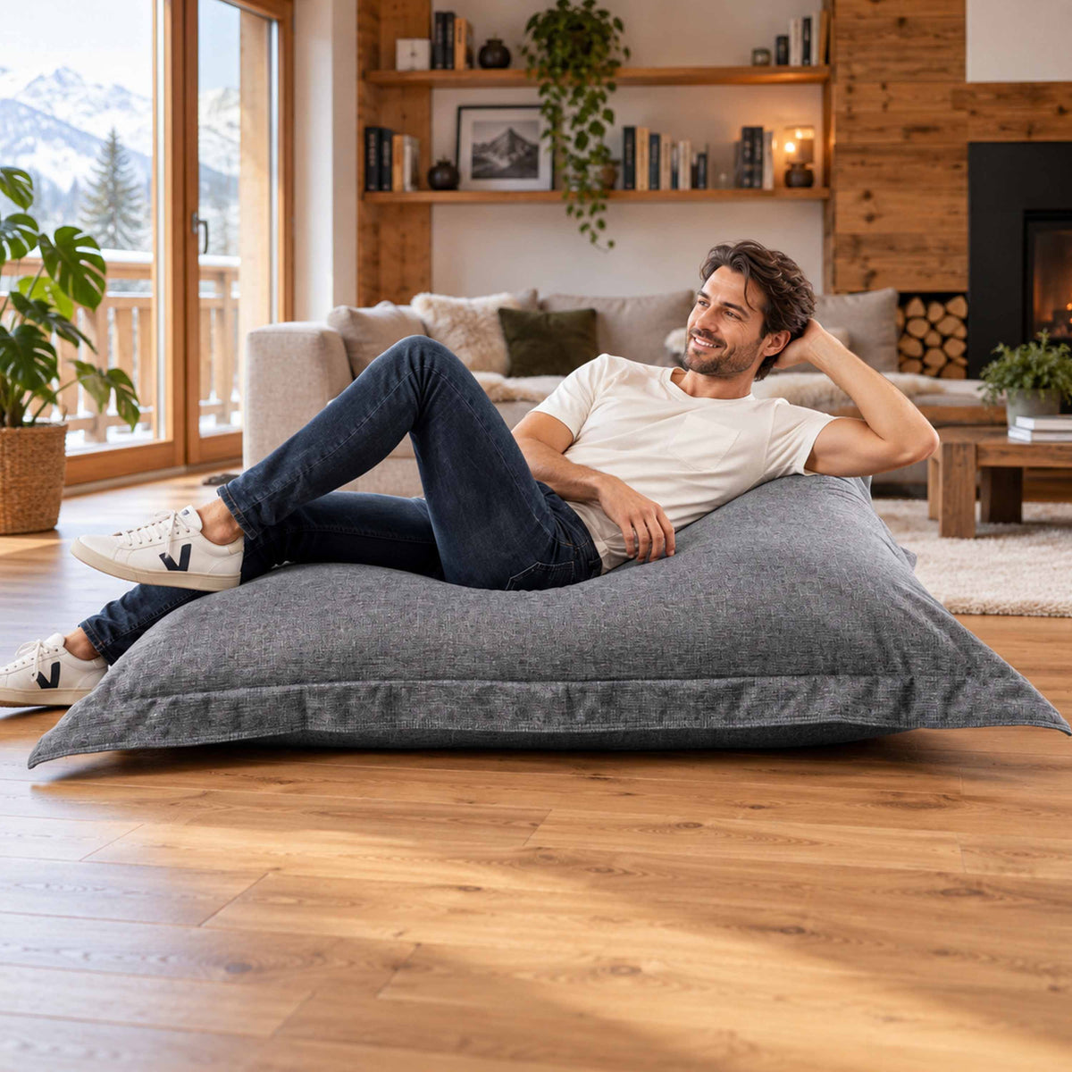 Pouf Lin Gris Foncé en lin, grand cocooning intérieur 170x130 cm, homme détendu au salon