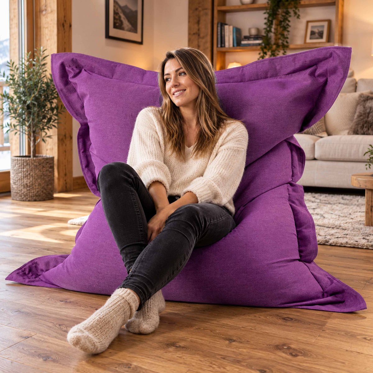 Pouf Lin Violet, pouf intérieur cocooning en lin 170x130 cm, grande assise confortable pour se détendre sur canapé