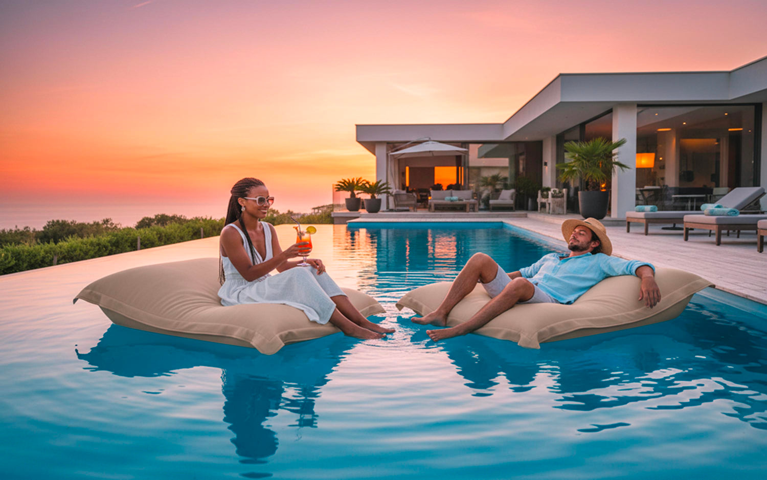 pouf piscine flottant pool big52 beige couple