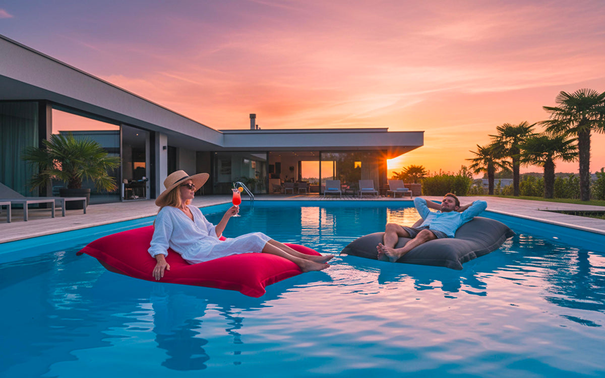 Pouf Piscine Gris Anthracite BiG52 déhoussable, flottant avec billes de polystyrène pour détente au bord de la piscine
