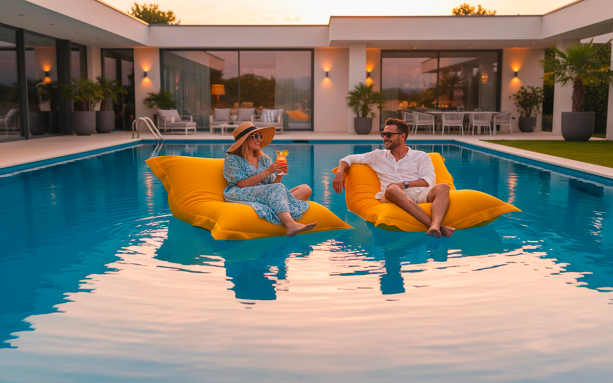 Pouf Piscine Jaune BiG52 POOL déhoussable, XXL flottant avec billes de polystyrène, pour détente au bord de la piscine