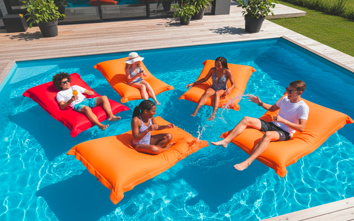 Pouf Piscine Orange BiG52 POOL déhoussable avec billes de polystyrène, flottant pour piscine, style XXL