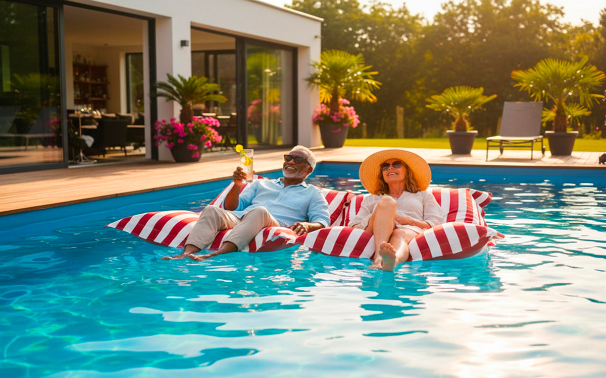 Pouf Piscine Rouge Rayé Deauville pour piscine : pouf géant rayé rouge, détente au bord de l’eau en jardin