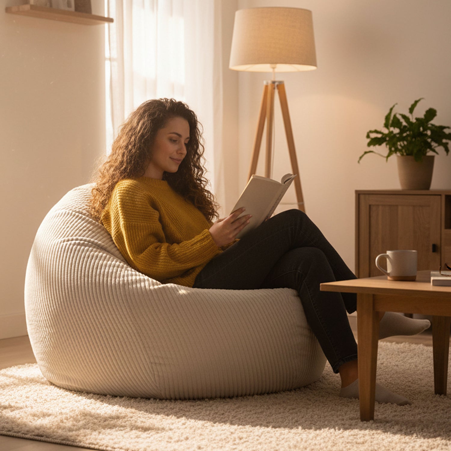 Corduroy Velvet Beige Bean Bag Pouf