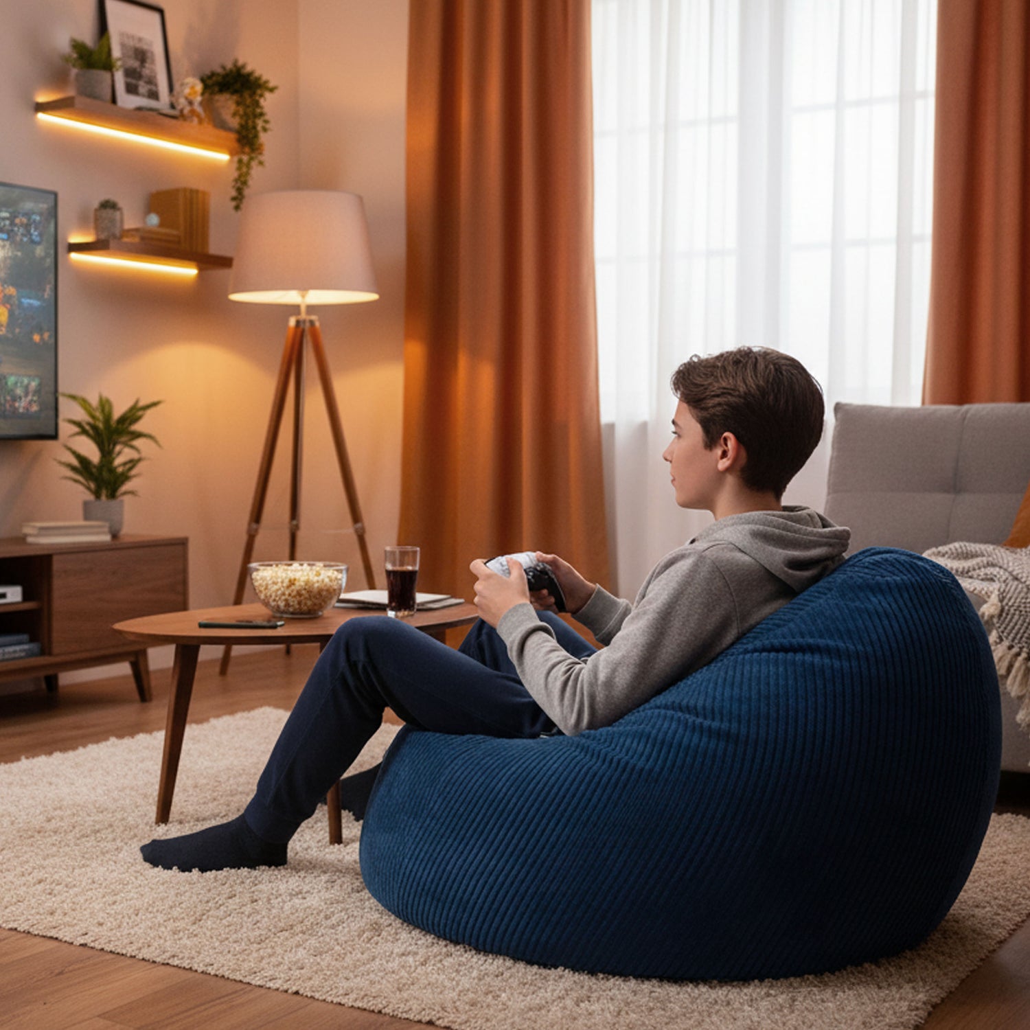 Corduroy Velvet Bean Bag Pouf Navy Blue