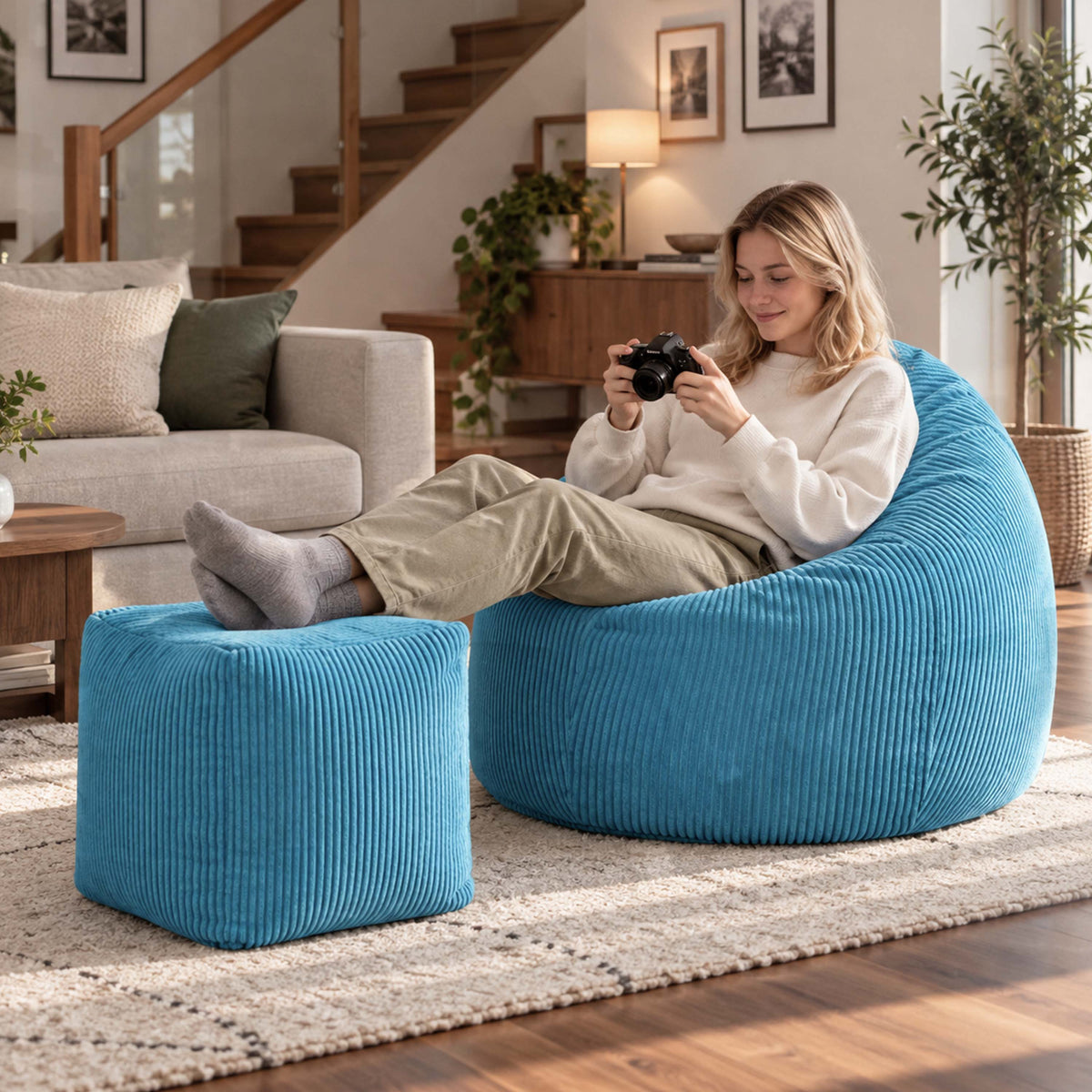 Pouf cube velours côtelé bleu ciel déhoussable, assise d’appoint et repose-pieds en velours côtelé bleu ciel, forme cube
