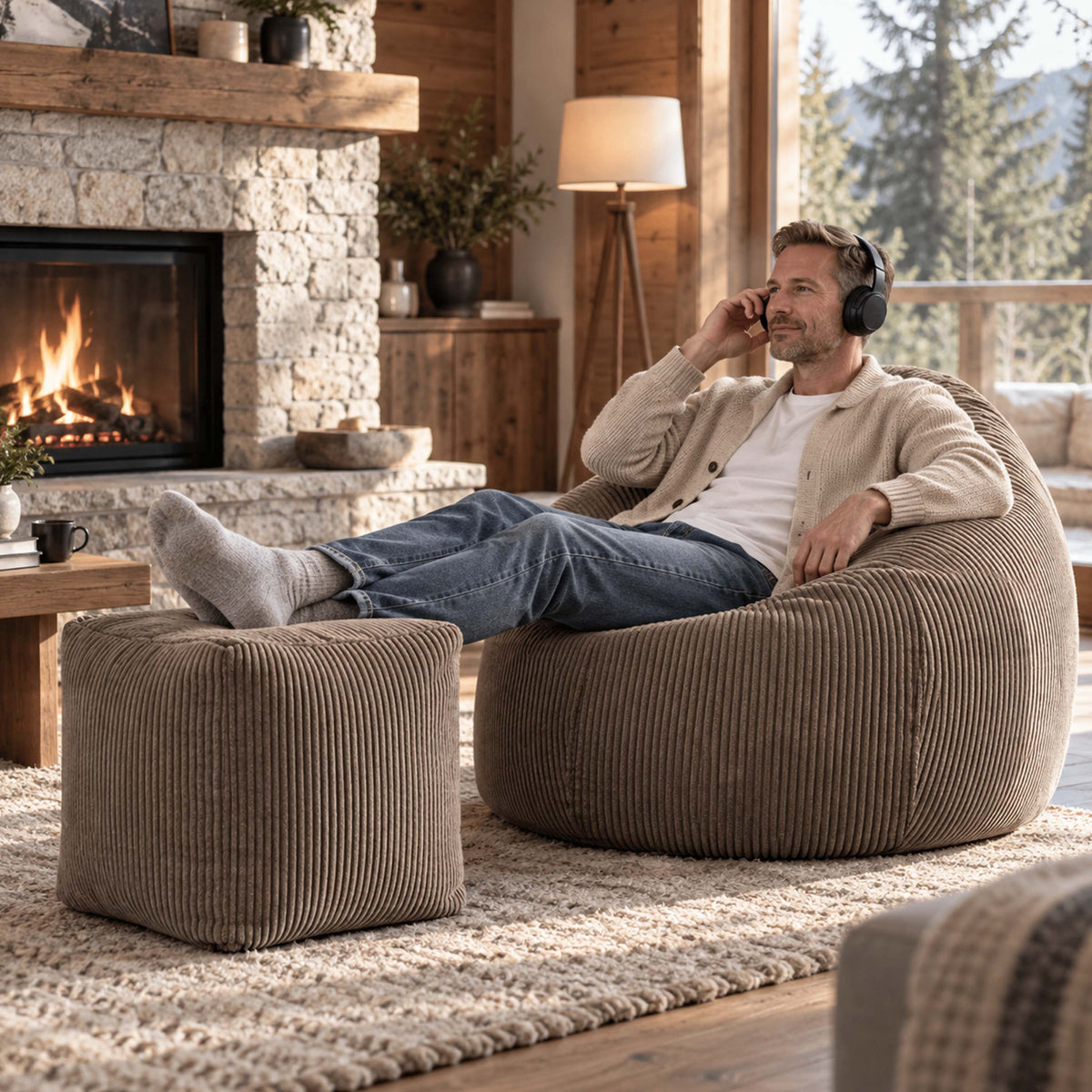 pouf cube en velours côtelé marron déhoussable, assise d’appoint et repose-pieds, intérieur cosy près du feu de cheminée