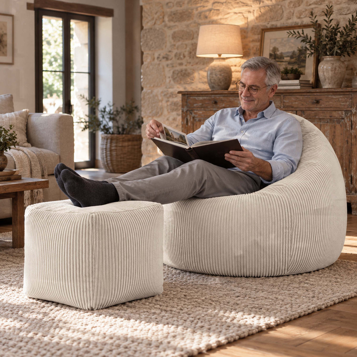 pouf cube en velours côtelé beige déhoussable, pouf d’appoint avec repose-pieds, assise confortable pour salon