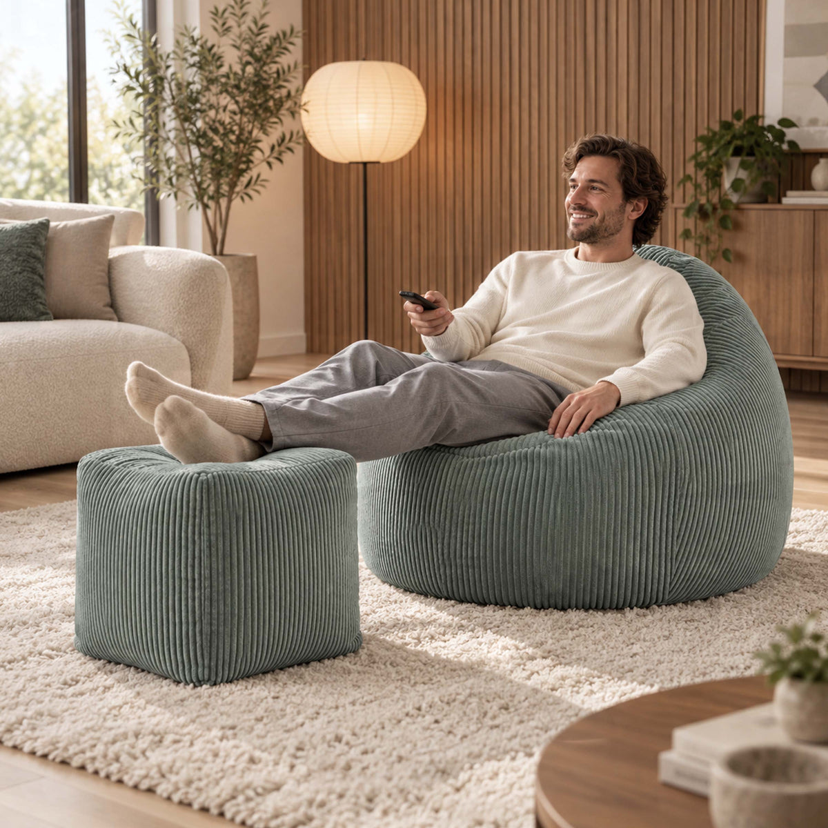 Pouf Cube Velours Côtelé Vert gris, pouf d’assise en velours côtelé, salon moderne avec homme assis