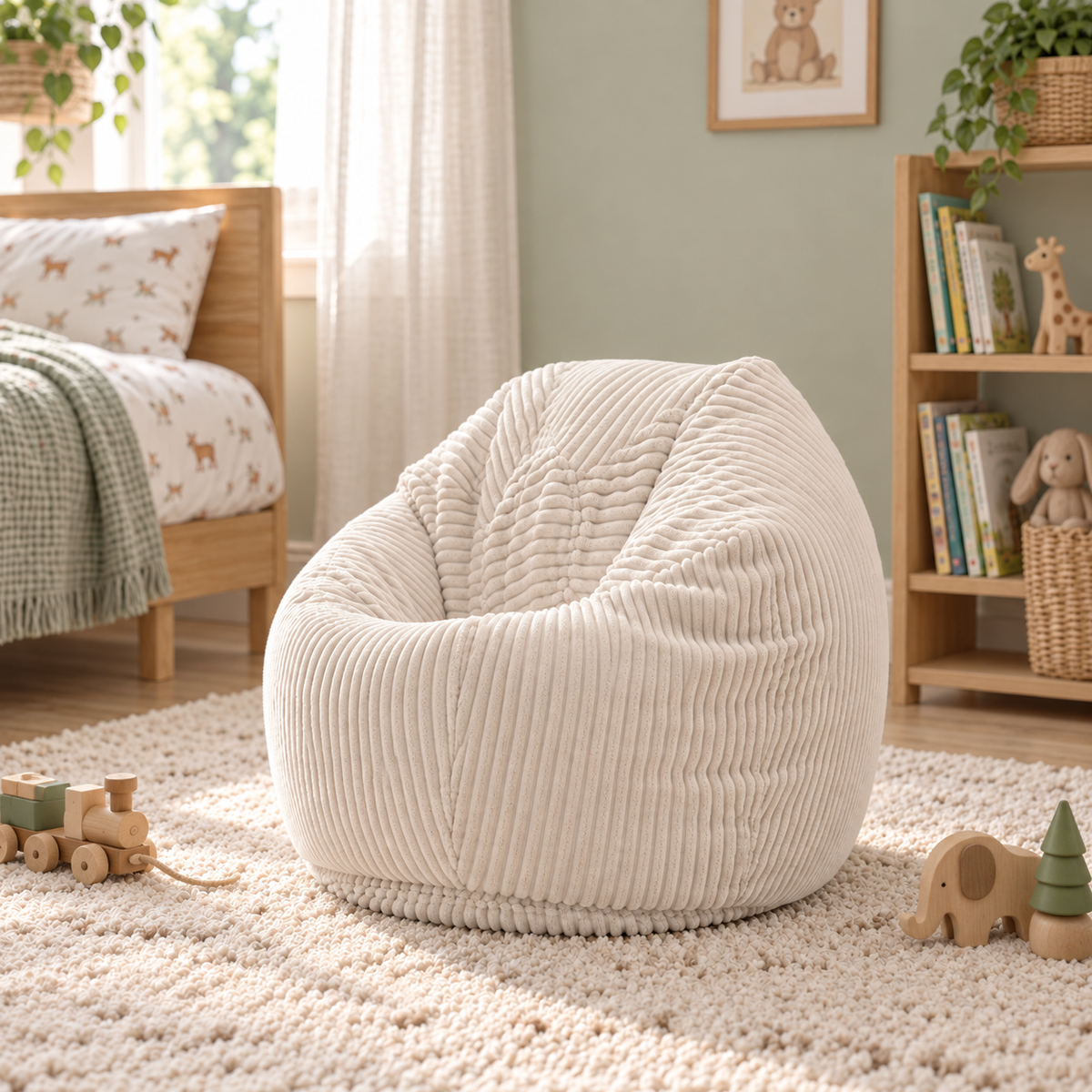 Pouf Poire Enfant Velours Côtelé Beige, pouf poire pour enfant en velours côtelé beige, assise confortable pour jouer et lire