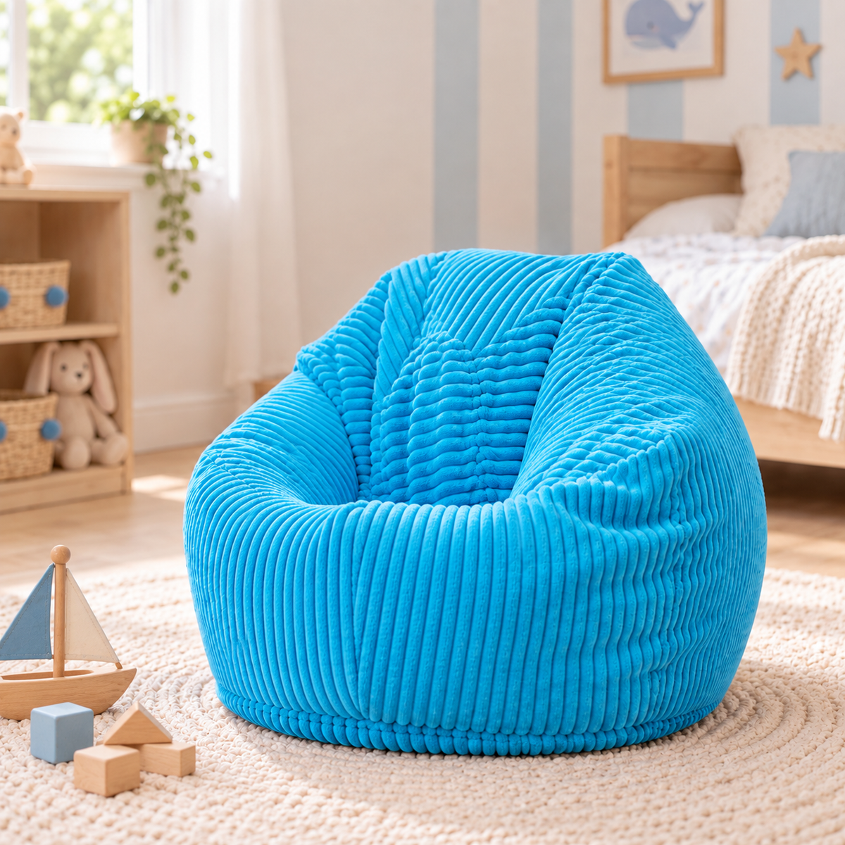Pouf Poire Enfant Velours Côtelé Bleu Ciel, pouf enfant moelleux en velours côtelé bleu ciel pour salle de jeux et lecture