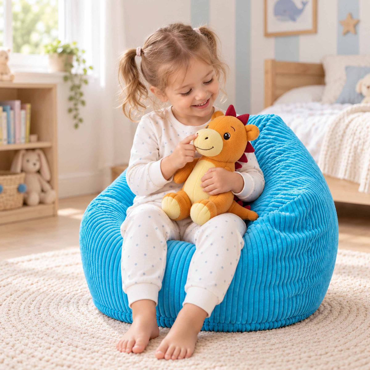 Pouf Poire Enfant Velours Côtelé Bleu Ciel pour enfant, assise moelleuse en velours côtelé bleu ciel pour jouer et lire