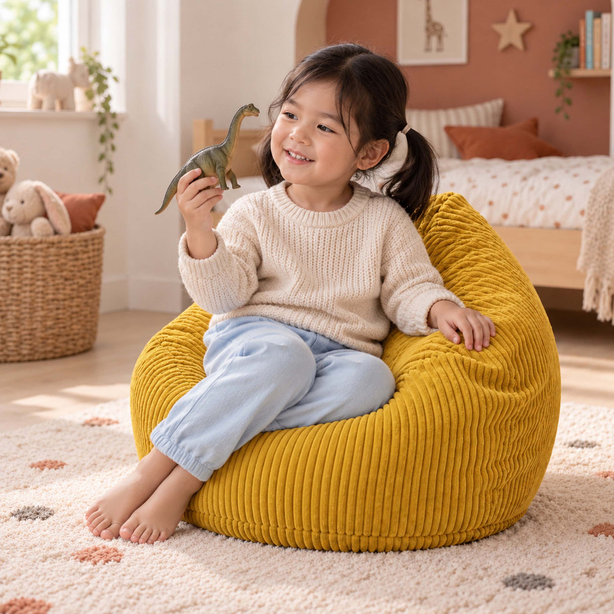 Pouf Poire Enfant Velours Côtelé Jaune moutarde, pouf poire velours enfant côtelé, assise bébé dans une chambre