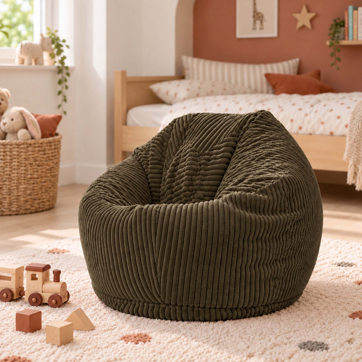 Pouf Poire Enfant Velours Côtelé Kaki foncé : pouf poire velours enfant côtelé, assise moelleuse pour chambre enfant