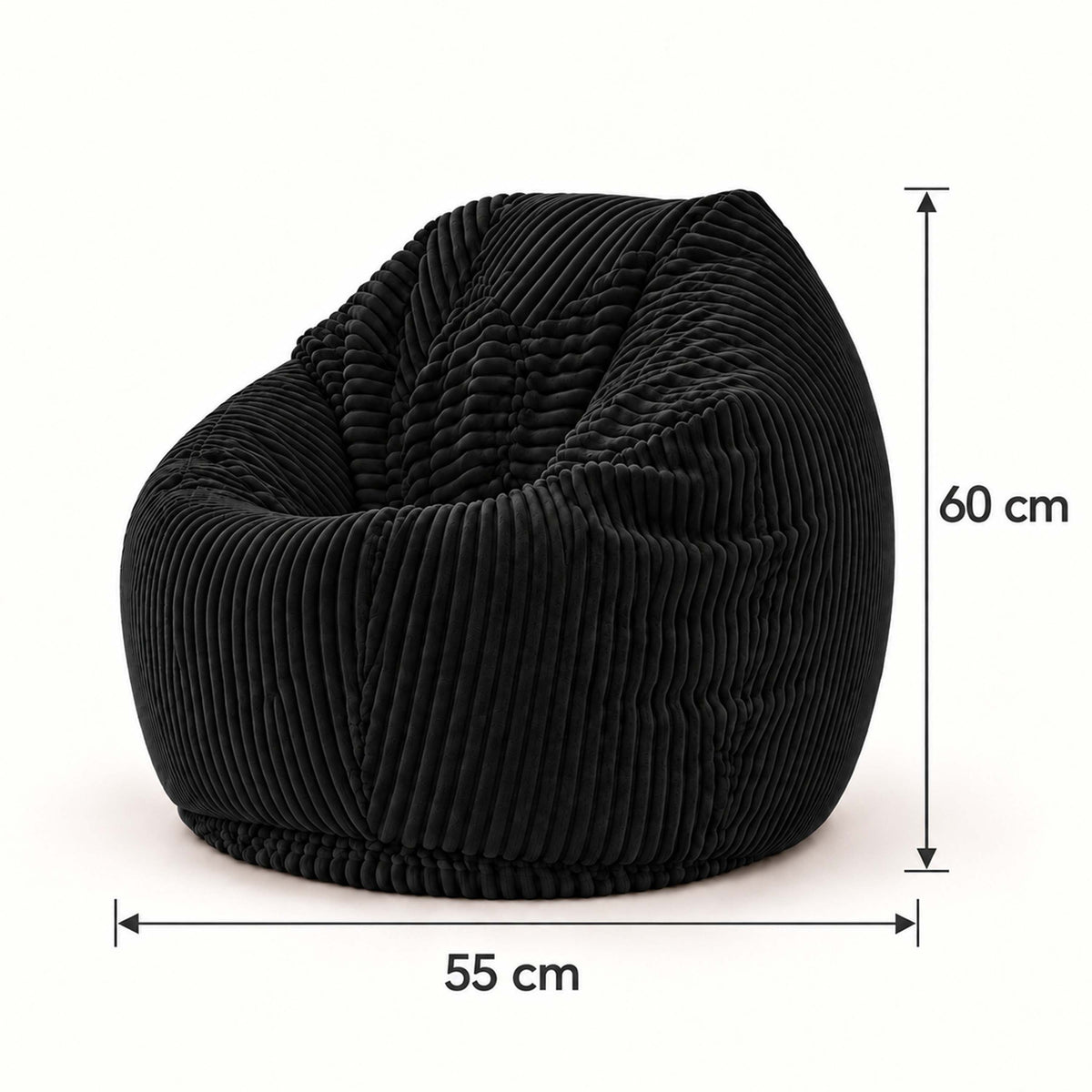 Pouf Poire Enfant Velours Côtelé Noir, dimensions 55x60 cm, assise moelleuse en velours côtelé pour enfant