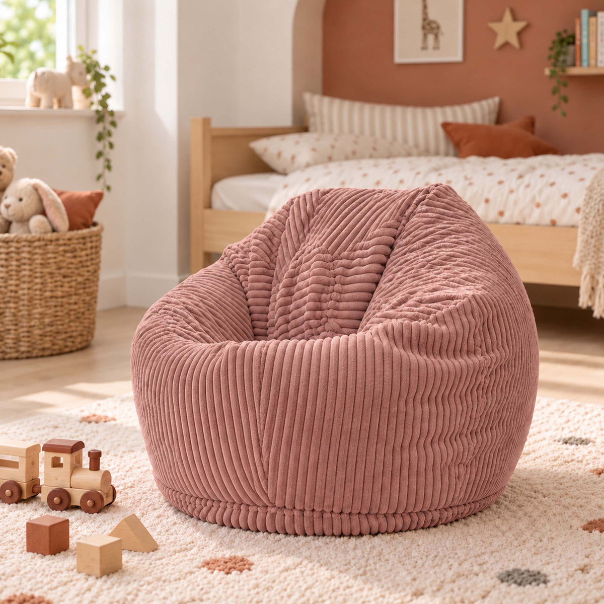 Pouf Poire Enfant Velours Côtelé Rose poudré, pouf poire velours enfant pour lecture et jeux vidéo