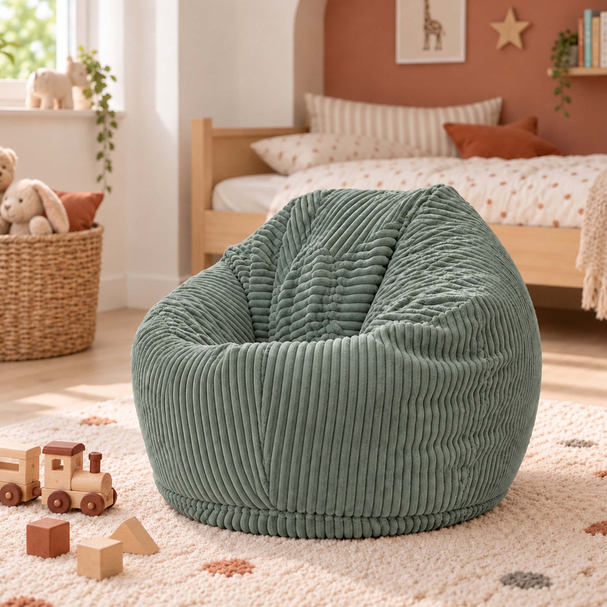 Pouf Poire Enfant Velours Côtelé Vert gris en velours côtelé, assise moelleuse pour chambre d’enfant, décor jeu et détente