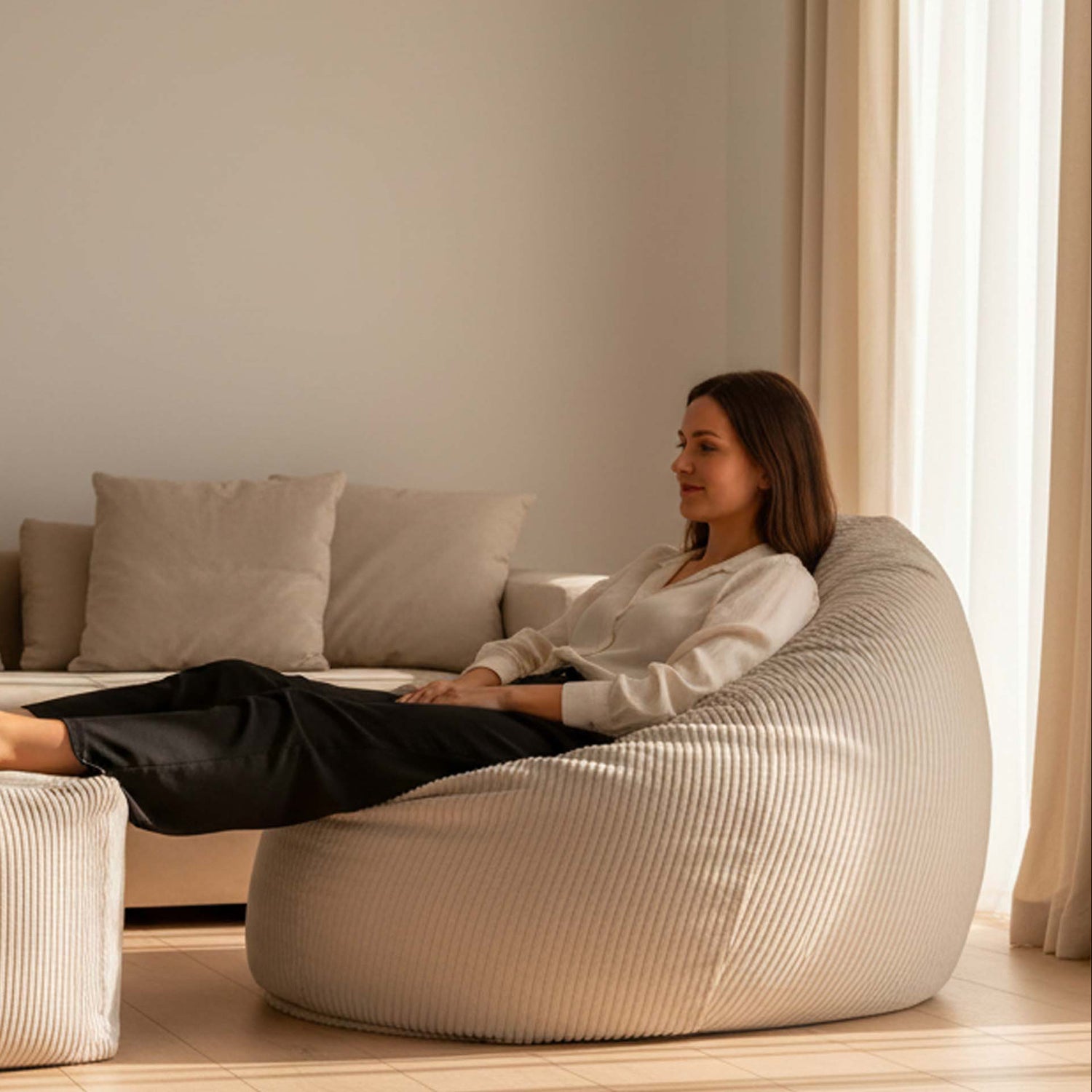 Ribbed Velvet Cube Pouf Beige