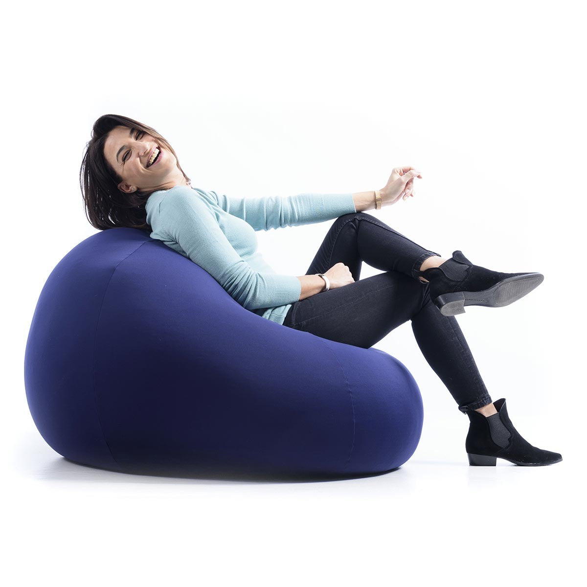 Pouf Poire Stretch Bleu Marine pour intérieur, assise confortable en tissu ultra souple, modèle grand format