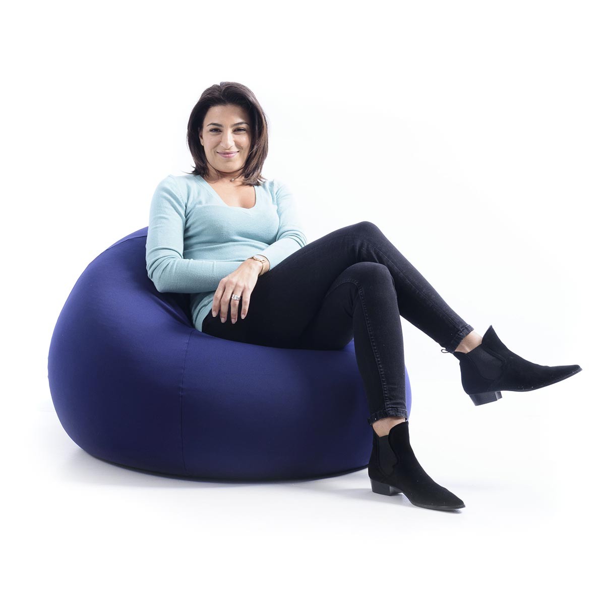 Pouf Poire Stretch Bleu Marine : assise détente en intérieur, tissu ultra souple, grand pouf confortable pour salon ou chambre