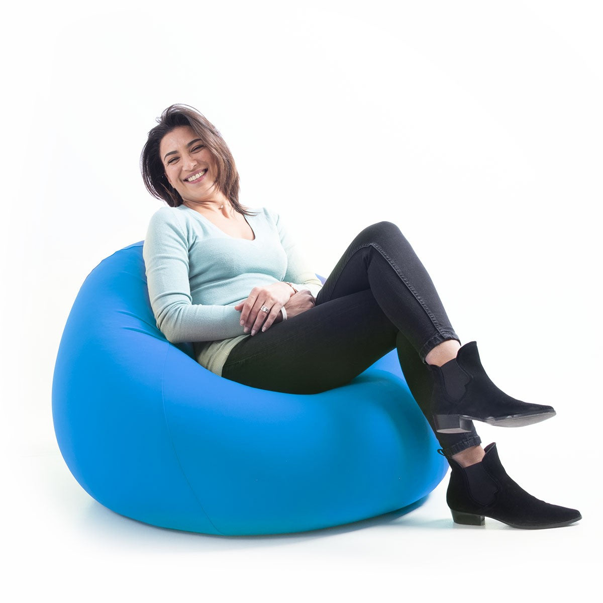 Pouf Poire Stretch Bleu, pouf intérieur géant en tissu ultra souple pour détente et relaxation dans le salon ou la chambre