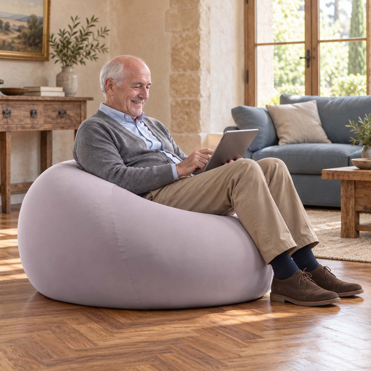 pouf poire stretch taupe intérieur, pouf géant BiG52 en tissu souple pour salon et chambre, détente confort