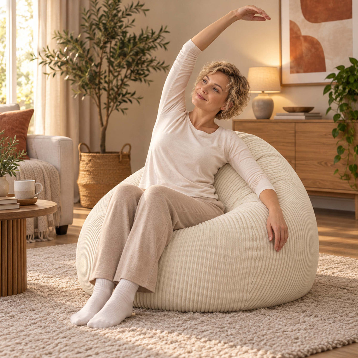 Pouf Poire Velours Côtelé Beige : fauteuil poire en velours côtelé beige, prêt à l’emploi, pour détente salon confortable.