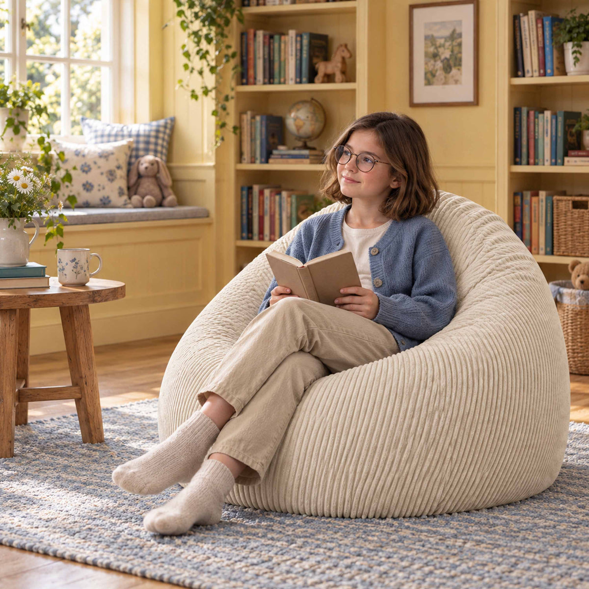 Pouf Poire Velours Côtelé Beige : fauteuil poire beige en velours côtelé, détente lecture dans un salon chaleureux