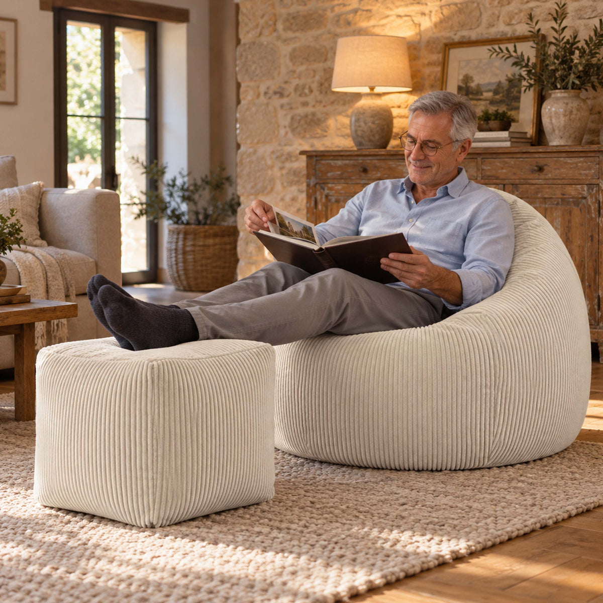 Pouf Poire Velours Côtelé Beige, pouf en velours côtelé beige avec confort ergonomique pour lecture au salon